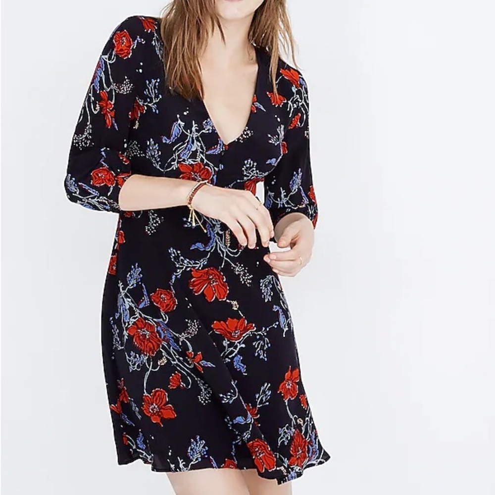 BNWT Madewell Silk Ruffle-Waist Dress in Windblown Poppies